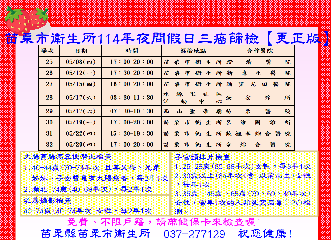 114年5月假日三癌篩檢更正