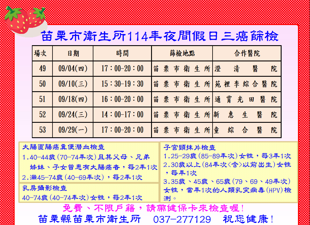 苗栗市衛生所114年09月份免費夜間假日癌症篩檢