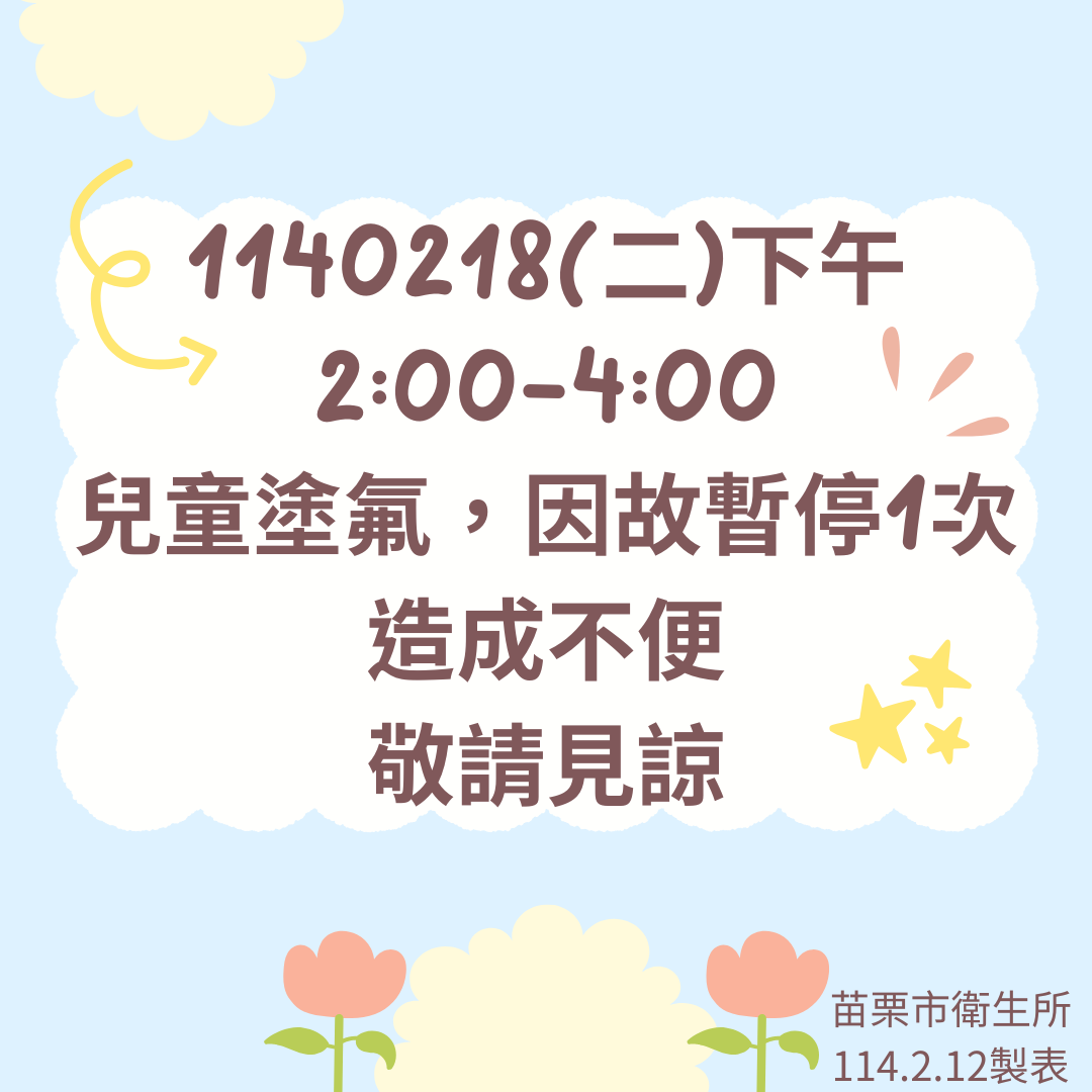 苗栗市衛生所1140218兒童牙齒塗氟暫停1次