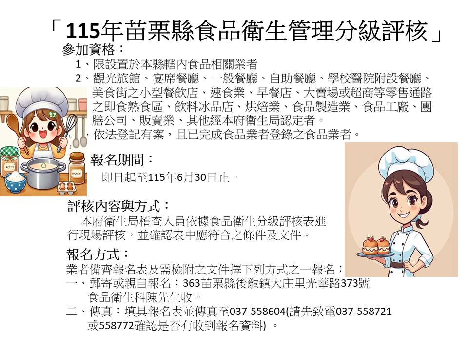 苗栗縣政府衛生局115年「食品衛生管理分級評核」